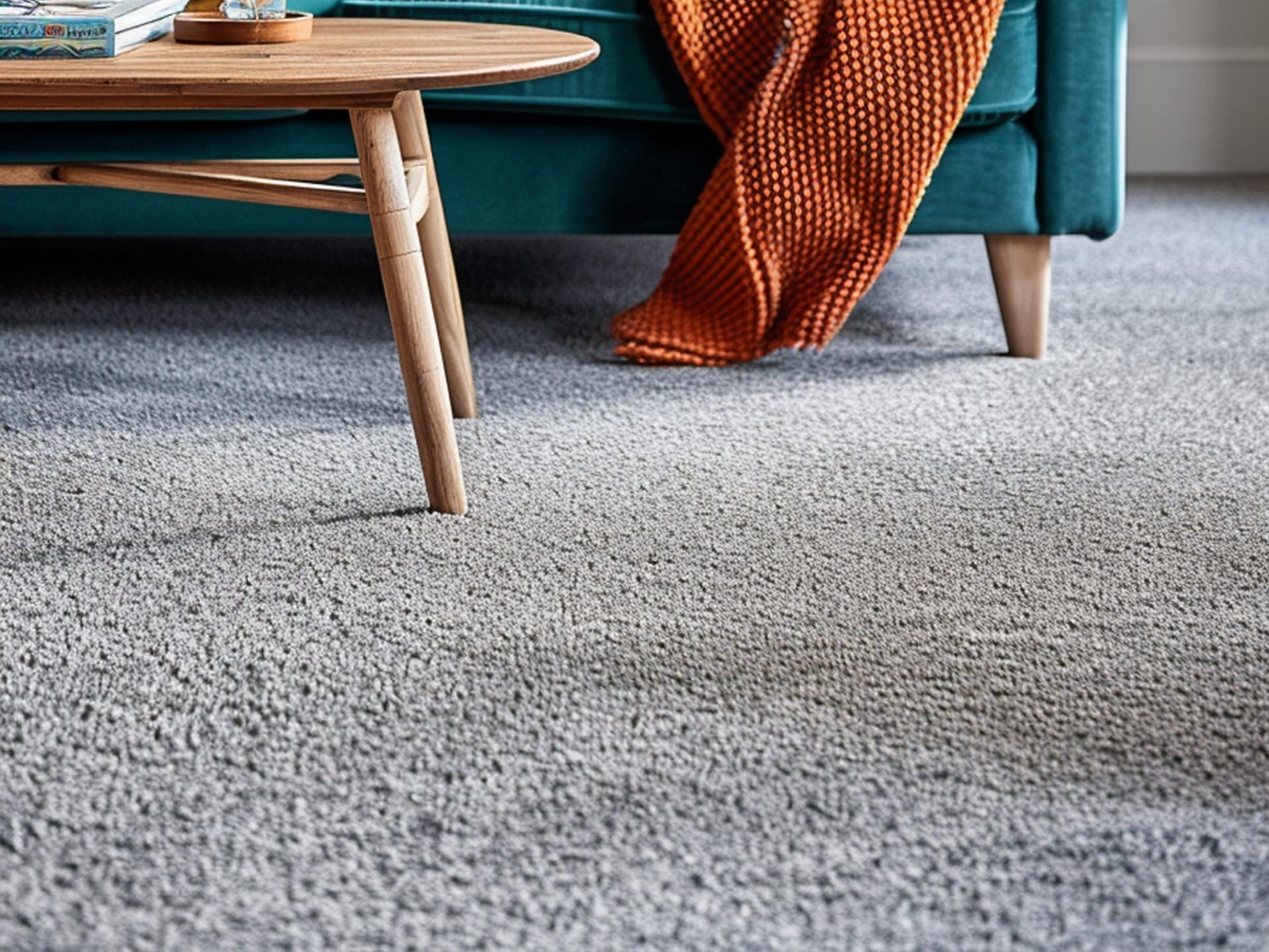 Plush gray carpet in a cozy living room with teal sofa and wood coffee table